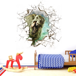 Realistic 3D T-Rex dinosaur wall decal crashing through wall for kids bedroom decor