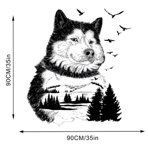 Husky dog silhouette wall sticker with forest landscape detail measuring 90cm x 90cm