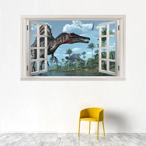 3D window dinosaur wall sticker with Spinosaurus landscape for kids room decor