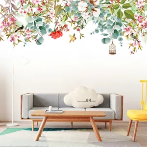 Selbstklebender Wandsticker mit Blumen, Blättern und Vogelkäfig im modernen Wohnzimmer