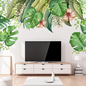 Tropical monstera leaves and hibiscus wall decals for living room modern decoration