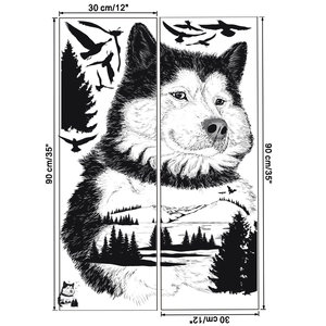 Detail of Husky and mountain forest wall decal showing 30x90cm dimensions and layout