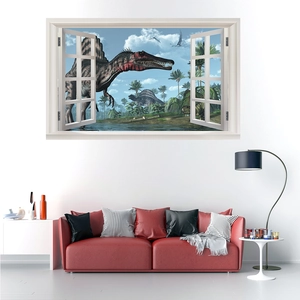 3D wall sticker featuring a Spinosaurus dinosaur in a prehistoric jungle window view