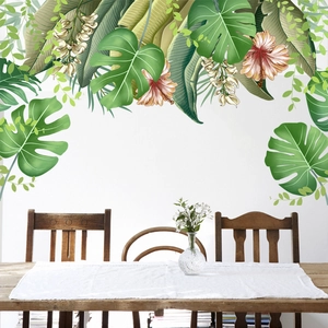 Tropical monstera and palm leaf wall stickers with hibiscus flowers for home decor