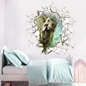 3D wall sticker featuring a realistic green T-Rex dinosaur breaking through a white wall