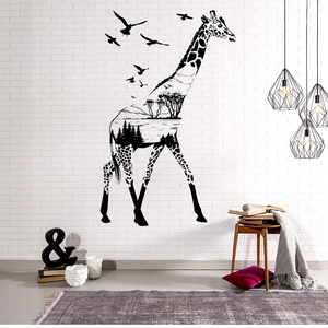 Creative giraffe wall decal silhouette featuring forest and mountain landscape details