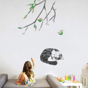 Nursery wall sticker set featuring hand-painted watercolor cat sleeping on a tree branch