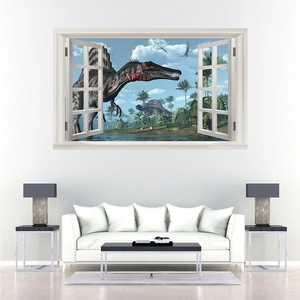 Detailed 3D dinosaur window wall sticker featuring a Spinosaurus in a modern living room