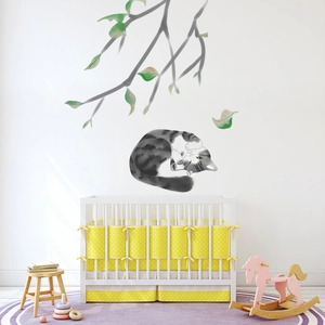 Hand Painted Sleeping Cat Tree Branch Wall Stickers PVC Waterproof Removable Decals For Kids Room Bedroom Living Room Home Decor