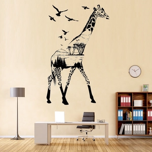 Minimalist black giraffe silhouette wall sticker featuring double exposure forest and mountains