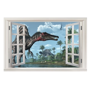 3D window effect wall sticker featuring a realistic Spinosaurus and dinosaur landscape
