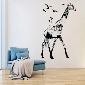 Artistic giraffe wall sticker with internal landscape silhouette and birds detail
