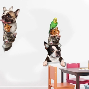 Dettaglio di adesivi murali 3D con bulldog francese, gatto e criceto dall'effetto realistico