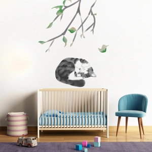 Cat on branch wall sticker, minimalist nursery decor for bedroom and living room