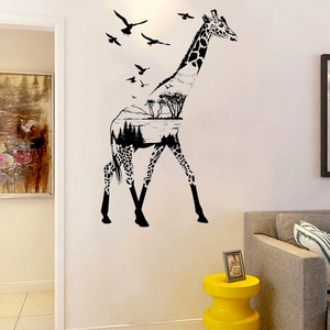 Artistic black giraffe silhouette wall decal with forest and lake scenery detail