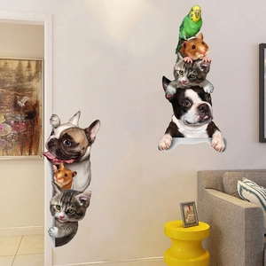 Adesivi murali 3D realistici con cani, gatti e pappagallo per decorazione