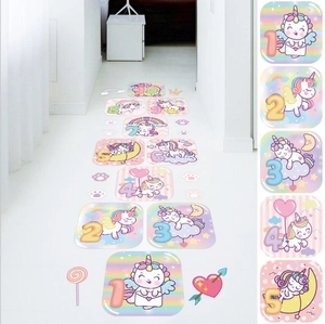 Detail of colorful unicorn hopscotch floor decals with numbers 1-10 for kids room