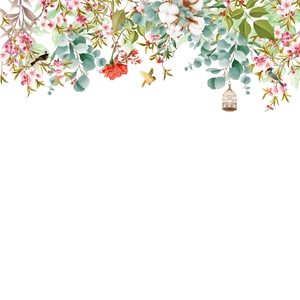 Wandsticker mit grünen Blättern, rosa Kirschblüten und dekorativem Vogelkäfig für das Wohnzimmer