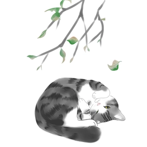Minimalist hand-painted cat and green leaves wall sticker for home decor decoration