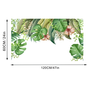 Detail view of 60x120cm tropical green leaves wall decal with monstera and hibiscus