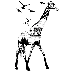 Artistic giraffe wall sticker with double exposure forest landscape and flying birds