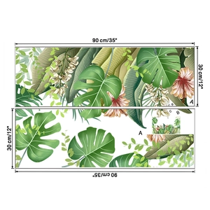 Detailed 90x30cm layout of tropical Monstera and Hibiscus leaf wall stickers