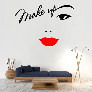 Modern vinyl wall sticker featuring red lips and female eyes with Make up lettering