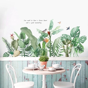 Nordic wall decal with tropical green leaves, magpies, and brave heart quote for home decor
