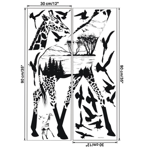 Detailed size chart for giraffe and birds silhouette wall stickers with dimensions