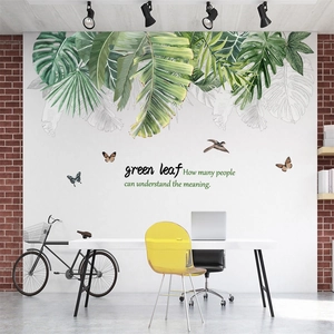 Nordic tropical green leaf wall decal with monstera foliage and birds for room decor