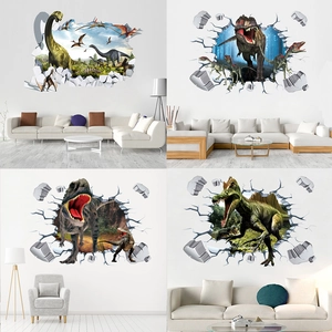 3D Realistic Dinosaur Wall Sticker Broken Wall Effect PVC Decorative Decal For Kids Room Living Room Bedroom Home Decor