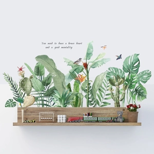 Nordic tropical green leaves wall sticker with birds and inspiring quote for home decor