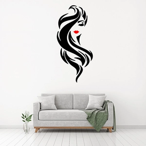 Minimalist vinyl wall sticker featuring female artistic silhouette with red lips and black hair