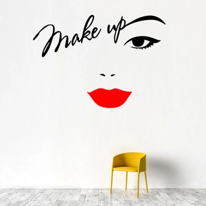 Modern vinyl wall sticker with red lips, eyes and Make up text for living room decor