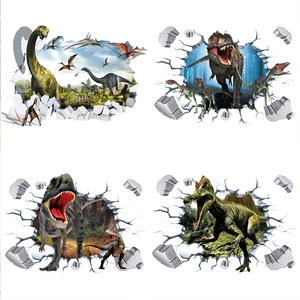 3D cracked wall dinosaur stickers for kids room featuring T-Rex and forest scenery