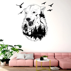 Artistic double exposure polar bear wall sticker featuring forest and lake silhouette