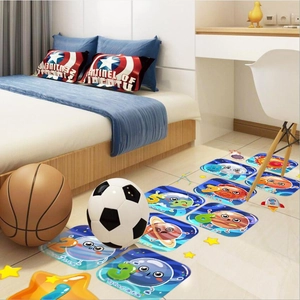 Detailed close-up of cartoon solar system floor stickers with vivid planets for kids' rooms