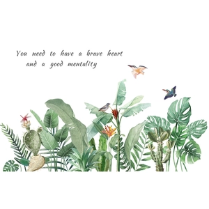 Nordic style watercolor wall stickers featuring tropical green leaves and songbirds