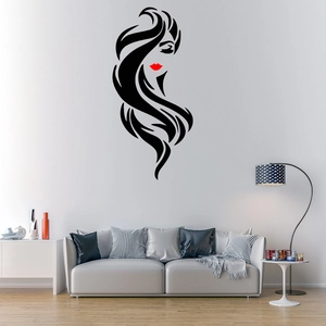 Detail of red lips and hair silhouette vinyl wall decal in a modern living room