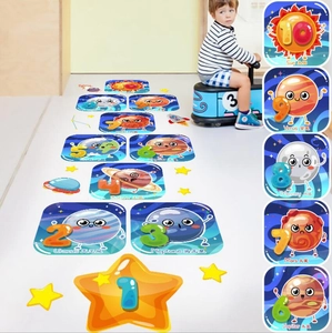 Detailed view of colorful space-themed hopscotch floor stickers with numbered planets