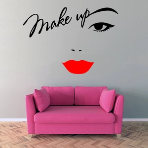 Detail of creative makeup wall decal featuring black eyes and red lips with Make up text