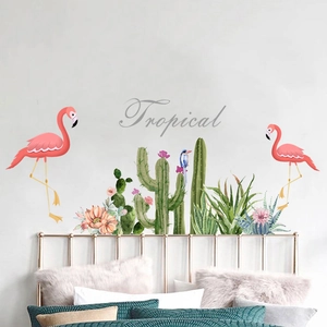 Stickers muraux tropicaux avec flamants roses et cactus aquarelle pour chambre à coucher