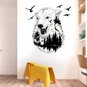 Minimalist black polar bear wall sticker with mountain forest landscape silhouette detail