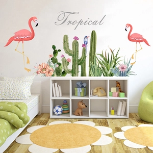 Stickers muraux tropicaux avec flamants roses, cactus et fleurs pour décor maison