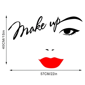 Detailed dimensions of vinyl wall sticker showing red lips and makeup lettering