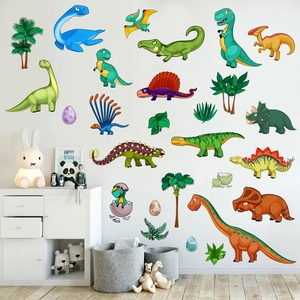 Detail of colorful cartoon dinosaur wall stickers featuring T-Rex and palm trees for kids rooms