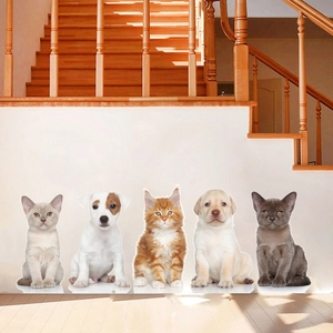 Self-adhesive wall stickers with five cute cats and dogs on a staircase background