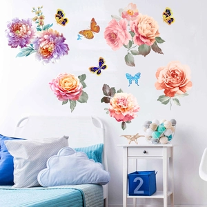 Vinilos decorativos de peonías rosas y mariposas coloridas para decoración de paredes