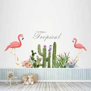 Stickers muraux tropicaux avec flamants roses et cactus pour décor de salon