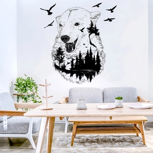 Polar bear silhouette wall sticker with forest mountains scenery and flying birds